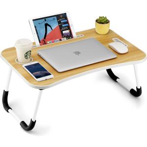 FISYOD Foldable Laptop Table, Portable Lap Desk Bed Table Tray, Laptop Stand with Cup Holder & Tablet Slot & Lifting Handle for Working Writing Drawing & Eating (Wood)