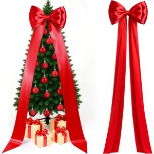Gejoy Extra Large Christmas Tree Topper Bow 118 x 28 Inch Giant Satin Red Bow with Huge Long Streamer Oversized Double Layer Burgundy Gift Wrapping for Holiday Xmas Tree Decoration Home Party Decor