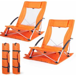 Huskfirm Low Beach Chairs 2 Pack Lightweight Beach Chairs for Adults Orange | Folding Aluminum Backpack Beach Chair with Cup Holder & Carry Bag, Heavy Duty Beach Chair Set for Beach, Camping, Concerts