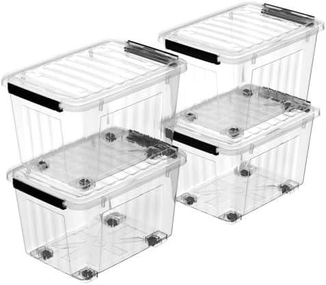 Cetomo Plastic Storage Bins, Lidded Storage Box with Wheels for Home Office Dorm, Wheeled, Stackable, Clear, 85Quart-4 Pack