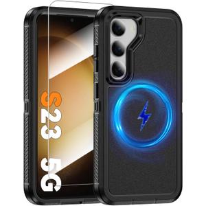 Magnetic Case for Samsung Galaxy S23 [Compatible with Magsafe] [Glass Screen Protector] [Dual Layer Military-Grade Protection] Heavy Duty Shockproof Cover for Samsung S23 5G 6.1 inch, Black