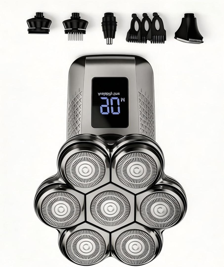 TEPOTZ 7D Head Shavers for Bald Men, IPX7 Waterproof Wet or Dry Electric Razor for Men/ Women, 5-in-1 Detachable Head Shaver, Grooming Kit, LED Display/ Type-C Charge, Travel-Friendly, Portable