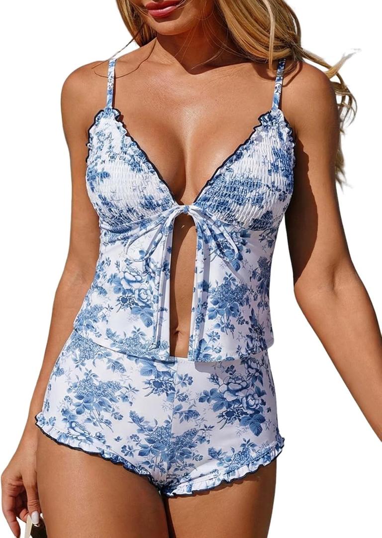 ZAFUL Women Tankini Swimsuits with Shorts Ruffle Trim 2 Piece Bathing Suit (S)