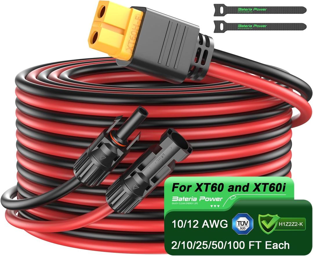 Bateria Power Solar Connector to XT60 Adapter Extension Cable, Solar Panel to XT60 Charge Extension Cable for RV Foldable Solar Panel, Portable Power Station, Solar Generator (35FT-10.6M 12AWG) (12AWG Red and Black)