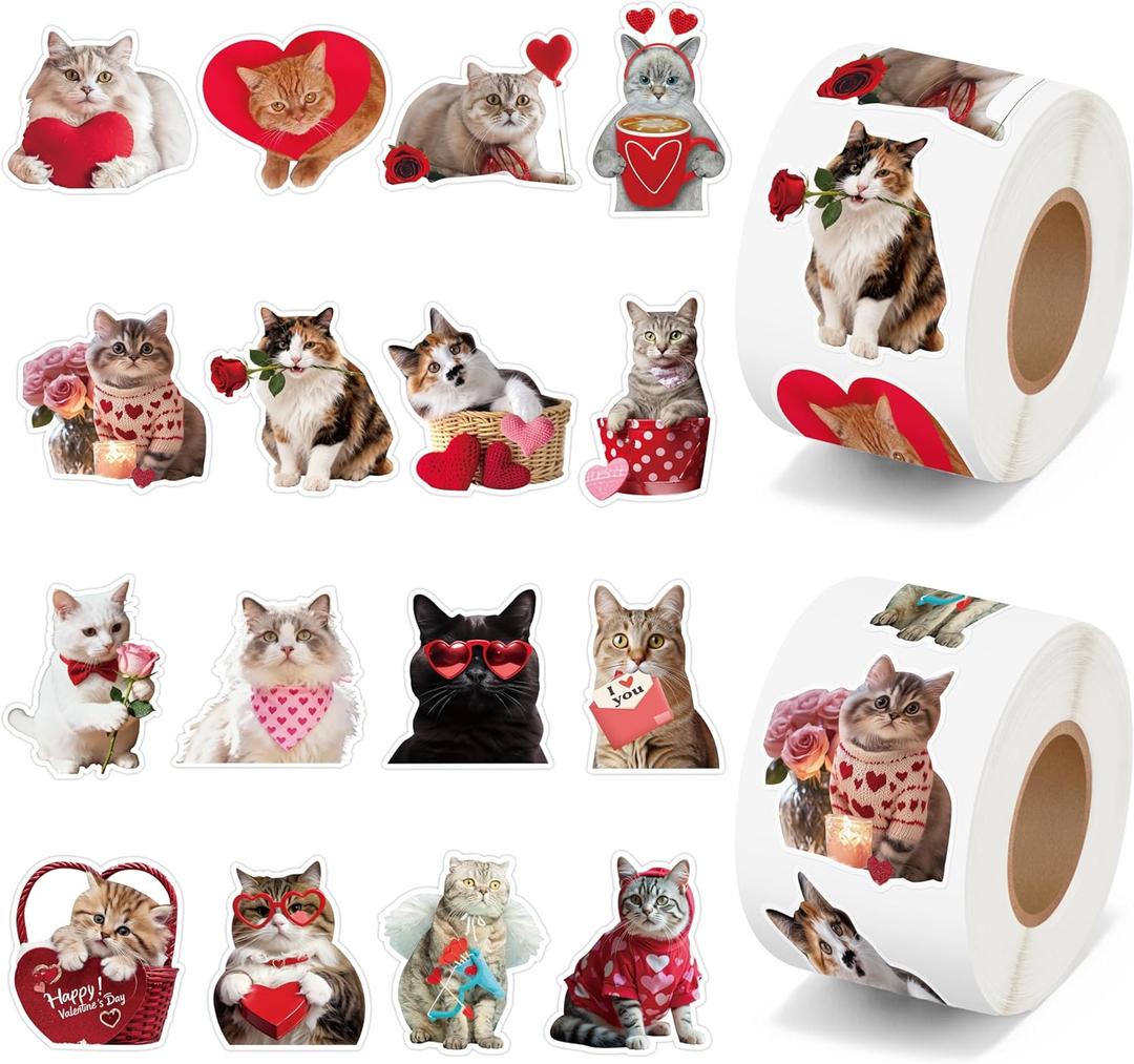 H1vojoxo Valentines Day Sticker Rolls - 1000PCS Valentines Day Holiday Cat Stickers for Kids Classroom 16 Design Valentines Cute Cat Sticker for Craft Valentines Funny Cats Stickers for Envelope