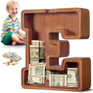 Summidate Large Wooden Piggy Bank for Kids Adults, Letter E Money Bank for Boys Girls, Personalized Initial Alphabet Bank for Coins Bills Change, Birthday and Decor