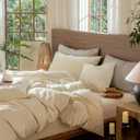 3 x MooMee Wavy Striped Duvet Cover Set 100% Washed Cotton Linen Like Textured Breathable Durable Soft Comfy (Cream White, King 104"x90")