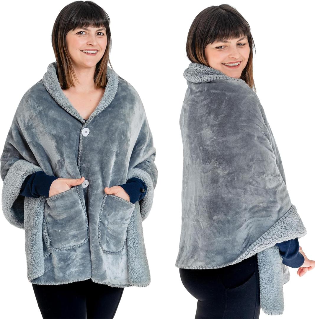 Premium Double Layer Poncho Blanket -No Sleeves Easy On Easy Off- Drape and Go- Top Christmas Gifts for Grandma, Gift for Mom and Elderly Women (Silver Grey)