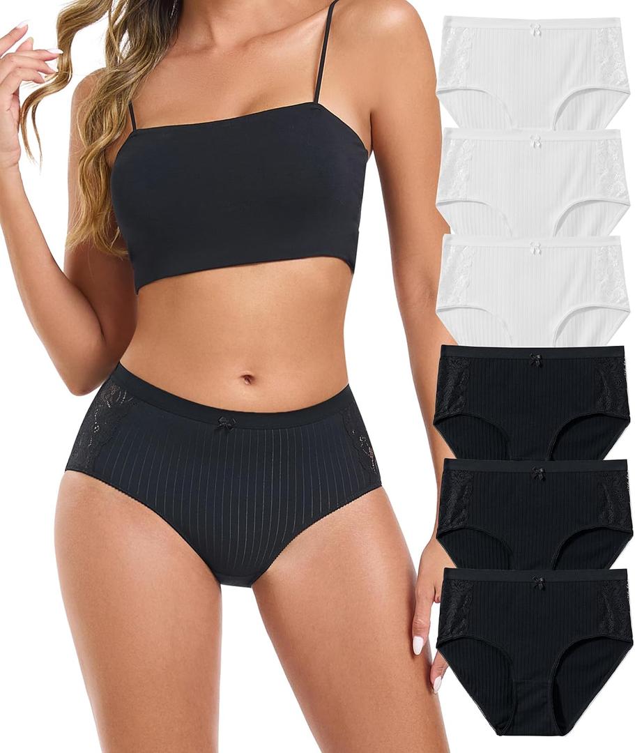 ANLIQI Womens Cotton Hipster Underwear Lace Panties Middle Rise Briefs Soft & Breathable Ladies Full Coverage Undies S-3XL (6 Packs_6bw)