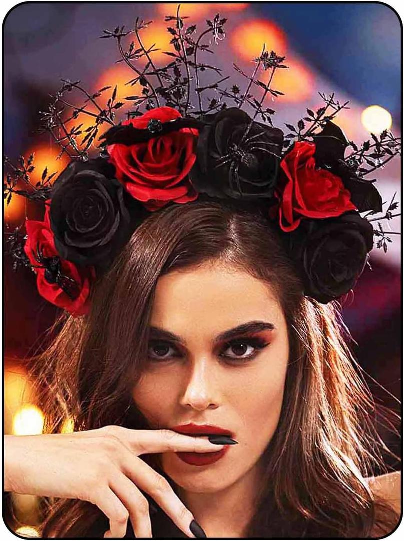 Woeoe Halloween FLower Headband Spider Day of The Dead Floral Hairband Bat Costume Party Headpiece for Women and Girls