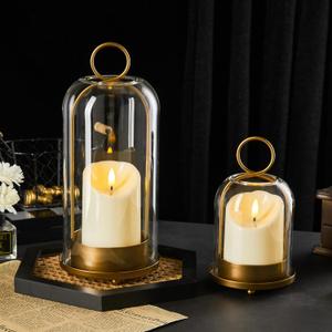 5"&4" Metal Candle Holder with Handmade Glass Dome in Brass & 2 Timer Candles, Set of 2 Versatile Hurricane Glass Candle Holders for Pillar Candles & Plants