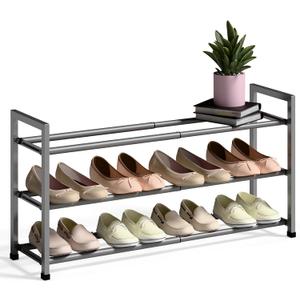 Bumusty 3-Tier Expandable Shoe Rack for Closet, 18-33 Adjustable Shoe Rack for Small Space, Small Shoe Organizer for Front Door, Sturdy Metal, Gray