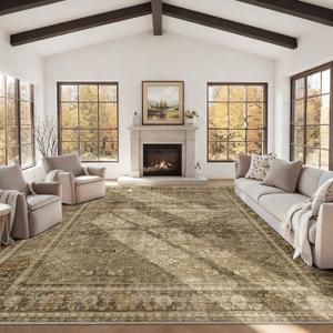 HelloTree Washable Rugs 9x12 Area Rug for Living Room, Vintage Boho Brown Rug Non Slip Carpet Retro Accent Indoor Mat Print Distressed Low Pile Throw Large Rug for Office Dining Room Bedside-Brown