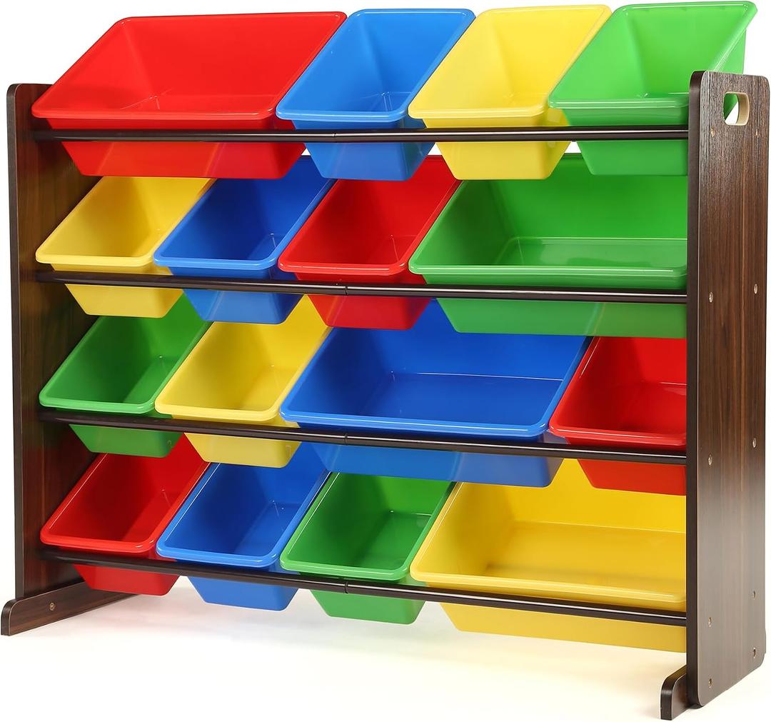 Humble Crew Toy Storage Organizer with 16 Removable Storage Bins for Kids Playroom, 4-Tier Toddler Toy Organization and Storage, Walnut/Primary