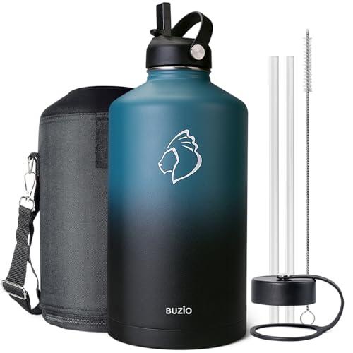 BUZIO 1 Gallon Water Bottle Insulated with Straw Lid, 128oz Large Water Jug Stainless Steel Metal Vacuum Water Flask Leak Proof 18/8 Food Grade Thermo Mug Keep Cold 48H & Hot 24H, Indigo Crush