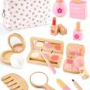 Wooden Pretend Makeup Kit for Girls Ages 35, Kids Pretend Play Cosmetic Set with Mirror, Lipstick, Nail Polish & Bag  Non Toxic Toy Makeup Set for Toddlers, for Toddler Girls