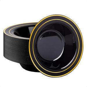Goodluck 50 Pack Black Plastic Bowls with Gold Rim, 12oz Disposable Soup Bowls, Heavy Duty Dessert Bowls for Weddings, Parties, Dinners, Catering, and New Year