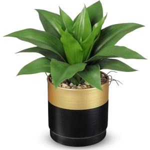 Briful Agave Artificial Wide Leaf Plant in Black and Gold Pot 10.2 Tall Faux Greenery with Plastic Leaves & Pebble Base, Fake Plants for Indoor Table Decor, Desk, Shelf, Office or Bathroom