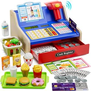 HYES Rechargeable Wooden Cash Register for Kids, Toy Cash Register with Play Money, Toy Food, Pretend Play Supermarket & Fast Food Restaurant, Toddler Learning Toys for Boy & Girl Age 3-5, Blue