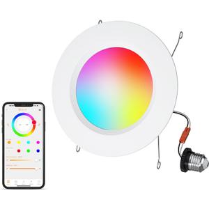 5/6 Inch Smart LED Recessed Light Compatible with Alexa 1Pack,13W1050LM,2700K-6000K,RGB LED Can Light,Retrofit Recessed Lighting,for Living Room,Bedroom,Kitchen