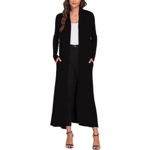 Bluetime Women Floor Length Open Front Cardigan Lightweight Long Sleeve Maxi Duster with Pockets (Medium, Black)