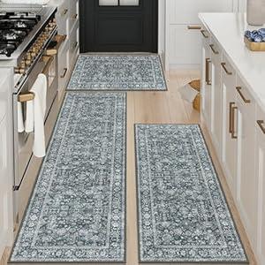KIMODE Kitchen Rugs Sets of 3, Boho Vintage Kitchen Rugs Non Slip Washable, Grey Blue Long Kitchen Mats for Floor, Non Skid Rugs for Kitchen Floor, Kitchen Runner Rug for Hallways, Laundry, Sink, Office