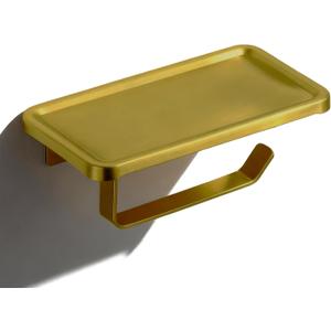 Brushed Gold Toilet Paper Holder with Shelf, Premium Lightweight Aluminum Alloy, Self Adhesive Toilet Tissue Roll Holder Wall Mount for Bathroom, Washroom, Kitchen, RV with Phone Storage