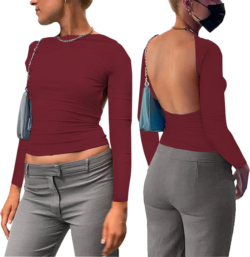 Backless Tops for Women Sexy - Casual Y2K Crop Shirts Long Sleeve Crewneck Slim Fit Cut Out Tees Burgundy