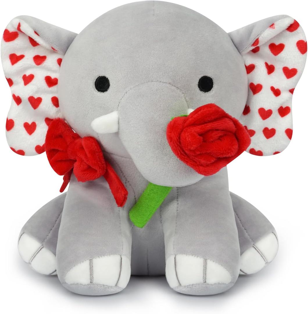 Valentines Day Stuffed Animal Elephant Plush,Love Elephant Stuffed Animal with Rose,Cute Plush Doll Toys Valentines Gifts for Her,Girlfriend,Boyfriend,Kids (Grey)