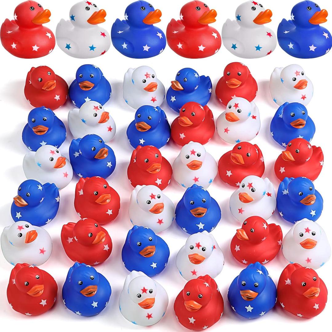 Jerify 2 Inch Patriotic Rubber Ducks Independence Day Rubber Ducks for Ducking Float Star Ducky Small Red White and Blue Items Cruise Ship Bath Shower Summer Beach Pool(120 Pieces)