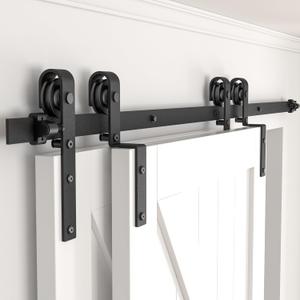 6.6 FT Bypass Sliding Barn Door Hardware Kit, Combination Track Mode Sliding Door Hardware, Double Wooden Doors Use Single Track Bypass Barn Door Hardware Fit for Door Opening 77" (6.6 Feet)