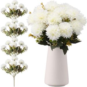 24 Heads Artificial Chrysanthemums Flowers Bouquets Silk Chrysanthemum Ball Fake Mum Artificial Mums for Outdoors Faux Silk Ball Flower for Home Table Centerpieces Decor (White)