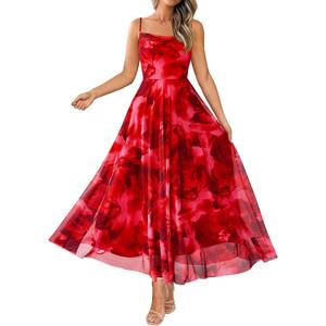 BTFBM Women Summer Floral Maxi Dresses Elegant Spaghetti Strap Dress Printed Party Dress Beach Long Dresses (Large)