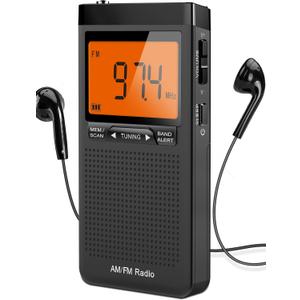 AM FM Portable Radio Personal Radio with Excellent Reception Battery Operated by 2 AAA Batteries with Stero Earphone, Large LCD Screen, Digtail Alarm Clock, (Black)