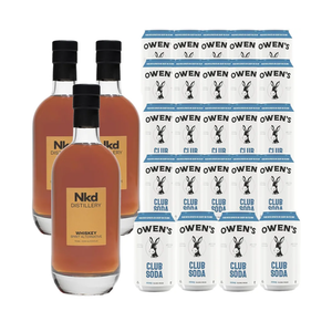 Nkd Distillery Whiskey Alternative Premium Non-Alcoholic Spirit 750 ML Bottles w Owen’s Mixers Club Soda 8.2 OZ Cans - Perfect for Mocktails - Made in USA