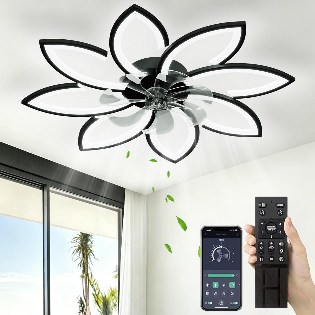 35'' Ceiling Fans With Lights And Remote, Modern Low Profile Ceiling Fans 6 Speed Quiet Reversible Motor, Flush Mount LED Fan Light, Stepless Dimmable for Bedroom/living room/Kids Room (Black)