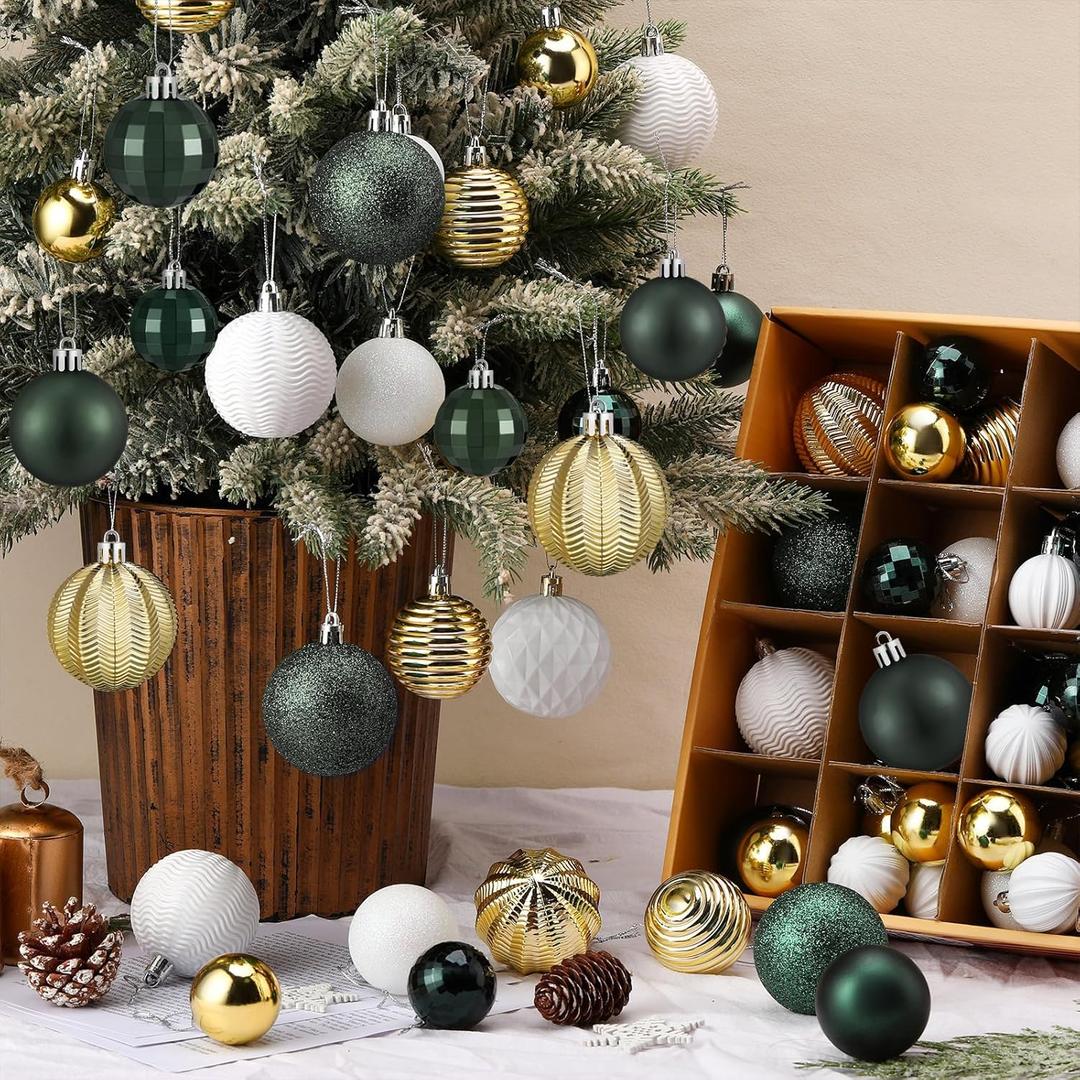 64 Pcs Christmas Ball Ornaments Bulk Emerald Green Gold White Christmas Tree Decorations 1.6/1.97/2.4 Inch Shatterproof Glitter Xmas Baubles Assorted Xmas Bulbs Ornaments for Tree Home Decor