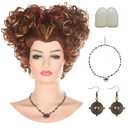 morvally Adult Women Halloween Costume Wig with Necklace Earrings and Teeth Short Reddish Brown Pre-styled Synthetic Wig for Witch Sisters Cosplay Halloween Party