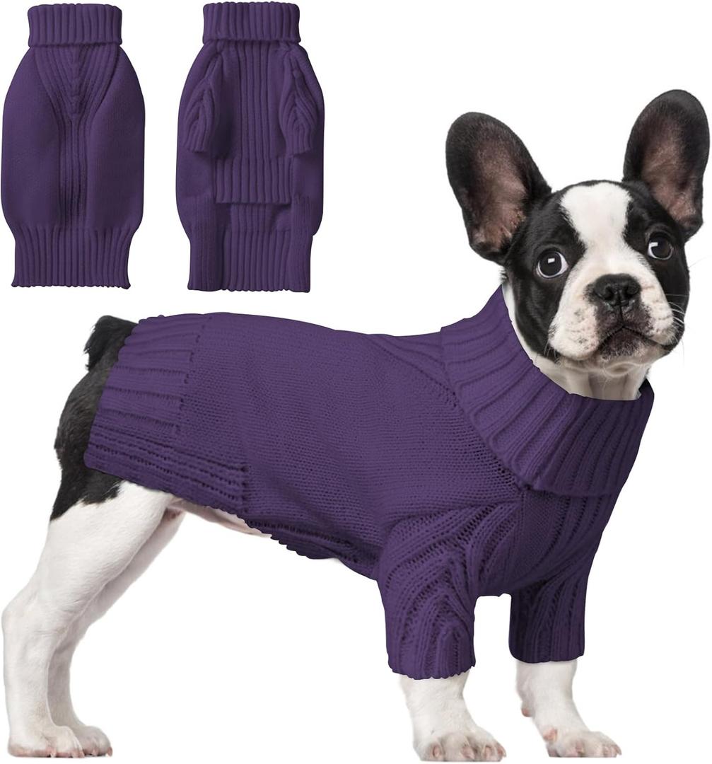 Dog Sweaters for Small Medium Large Dog, Classic Turtleneck Pet Clothes Warm Thermal Doggy Winter Coat, Thick Double Knitting Collar Pullover Cold Weather Puppy Jacket for Indoor & Outdoor Wear (Dark Purple)