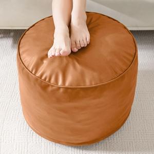 HIGOGOGO Round Stuffed Pouf Ottoman, Pu Leather Poufs with Foam Chunk Filling, Furry and Fluffy Pouf Foot Stool Storage Ottoman, 20 X 15 Floor Poufs Foot Rest for Living Room, Orange