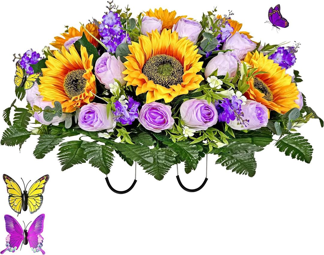 MUVIC Artificial Cemetery Flowers Saddle - Memorial Flowers Bouquet - Outdoor Grave Decorations,Sympathy Flower - Rose Sunflower Hyacinth