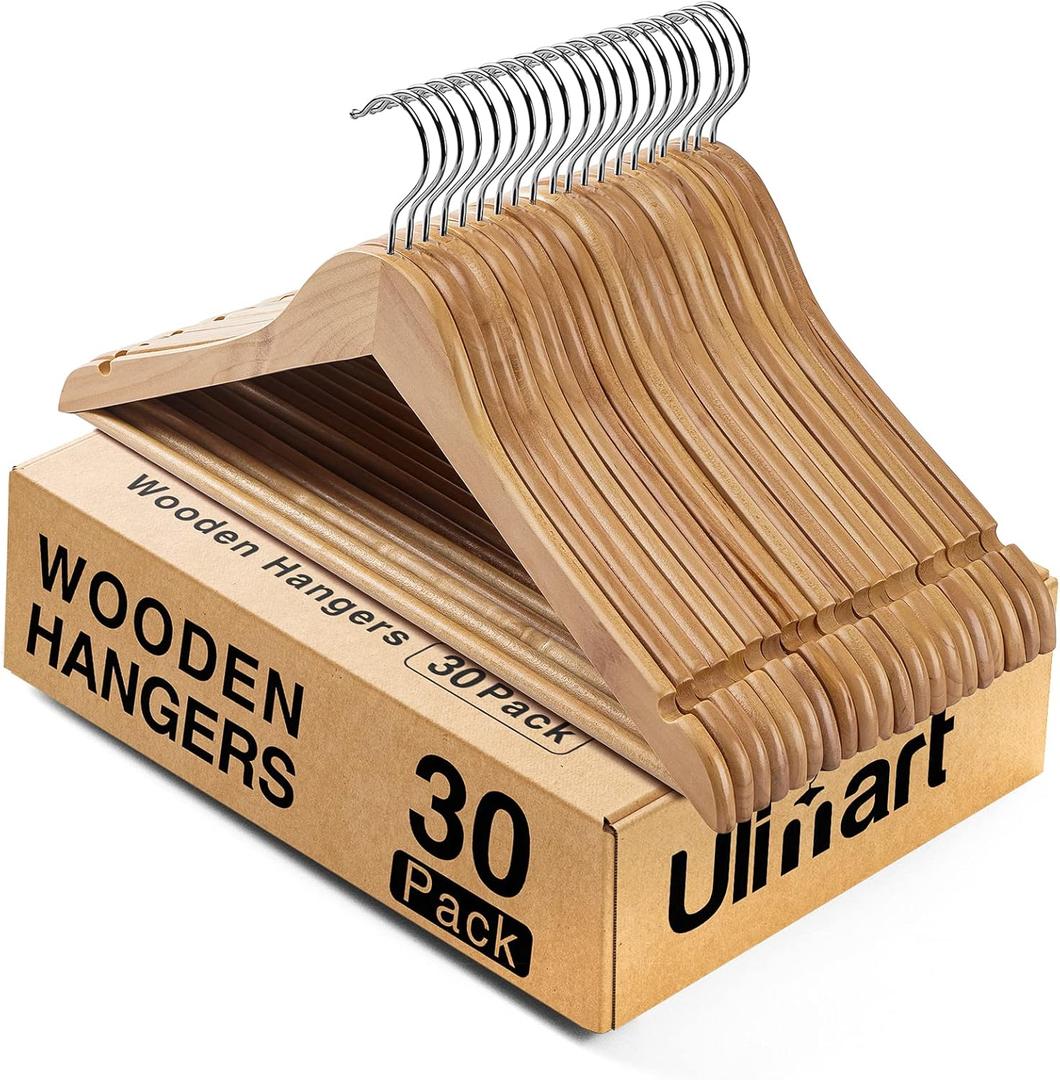 Ulimart Wooden Hangers  30 Pack Solid Wood Clothes Hangers with Bar for Closet (Natural)
