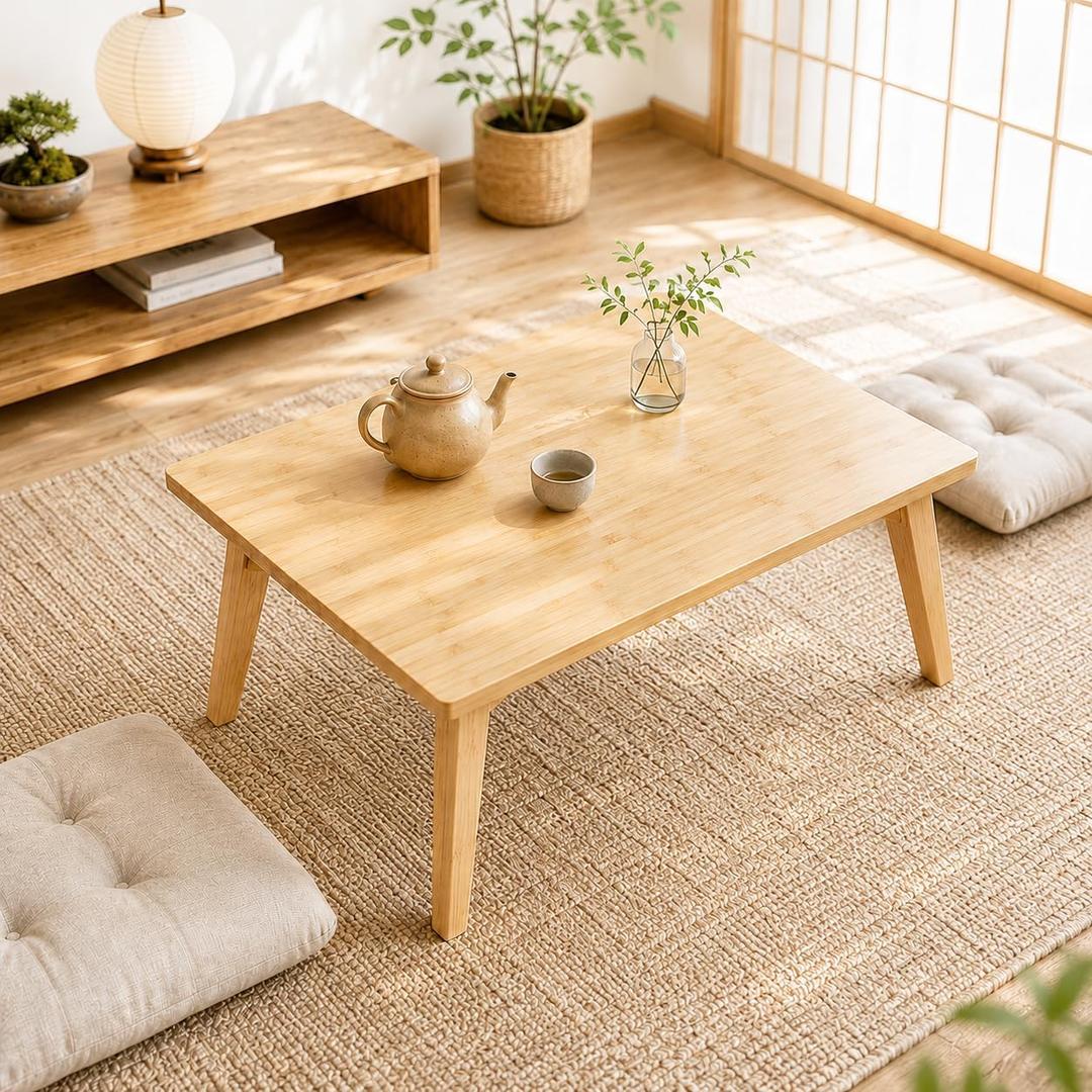 Bamboo Folding Floor Table, Foldable Japanese Low Table | Fold Flat Storage, No Assembly Required, Natural Bamboo, Space Saving, Floor Seating, Tea & Reading, Small Spaces