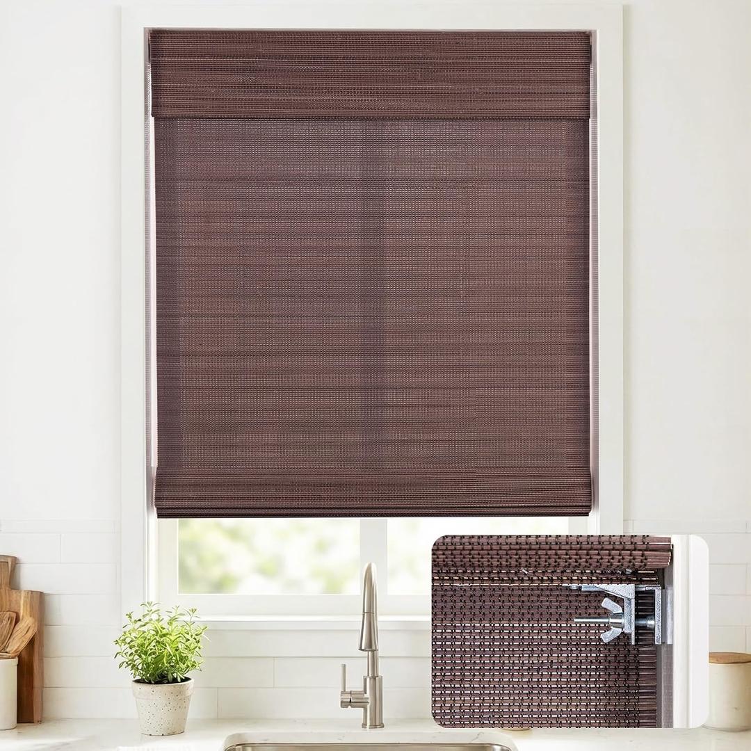 UNISHADES No Drill Cordless Bamboo Roman Shades, 26×64 in, Coffee
