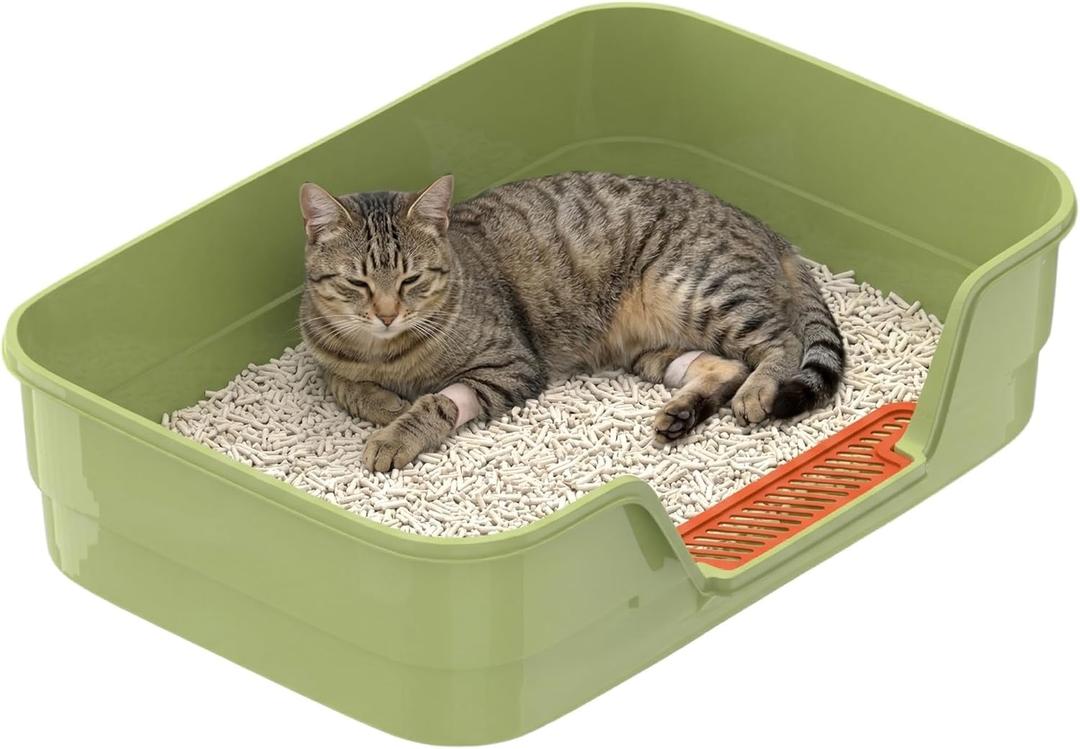 Suhaco Low Entry Litter Box for Senior Cats Extra Large Cat Litter Box with High Sides for Kitten, Anti Splashing & Easy to Clean for Indoor Cats Litter Pan (Green)