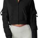 QINSEN Hoodies for Women Full Zip Up Cropped Jacket Long Sleeves with Cargo Pockets Sweatshirts Tops, S