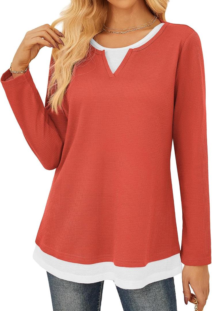 GRACE KARIN Women 2025 Fall Long Sleeve Shirts,Casual Crew Neck Colorblock Tunics,Waffle Knit Fashion Basic Tops (X-Large, Orange)