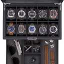 ROTHWELL 10-Slot Watch Box in Leather with Valet Drawer, Luxury Watch Case Display Organizer with Ultra Soft Microsuede Liner, Jewelry and Sunglass Holder With Large Glass top (Carbon)