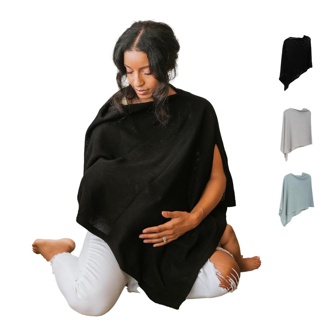 100% Cotton - Breathable Nursing Cover Up for Breastfeeding - Privacy Nursing Covers - Breastfeeding Must Haves - Ponchy by Gold Mamas - Versatile Nursing Shawl for Baby Feeding (Black)