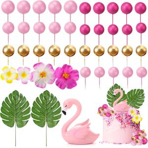 42 Pieces Flamingo Cake Toppers Palm Leaves Hibiscus Flowers Hawaiian Luau Cake Decorations Pink Rose Red Gold Foam Mini Ball Cake Toppers for Tropical Birthday Wedding Party Cake Decorations